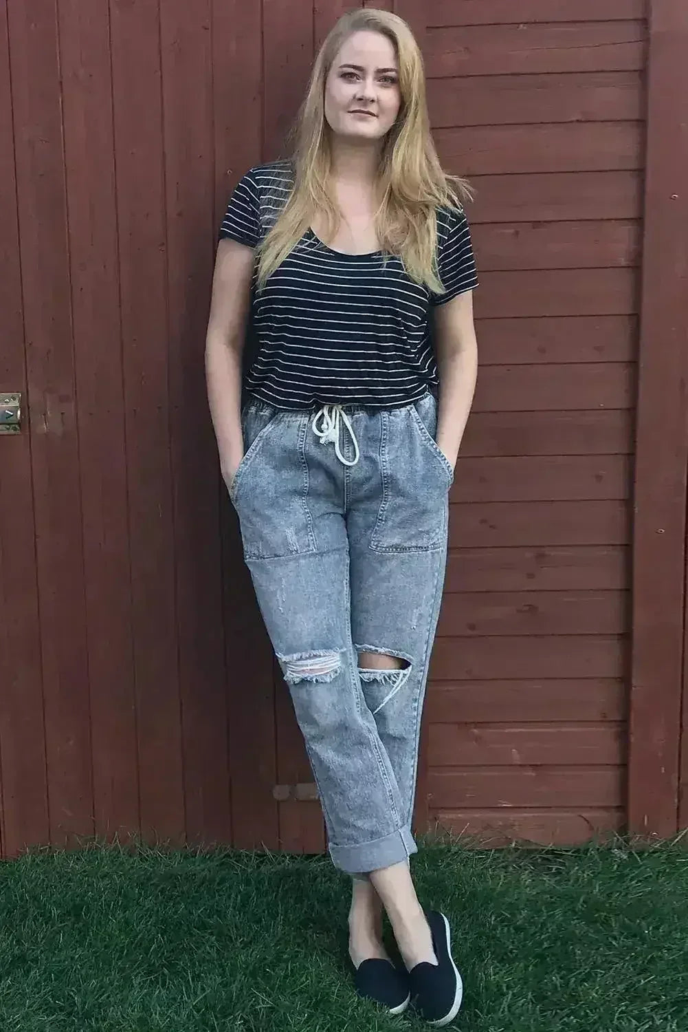 Pantalon de jogging en jean déchiré avec poches, couleur bleu ciel