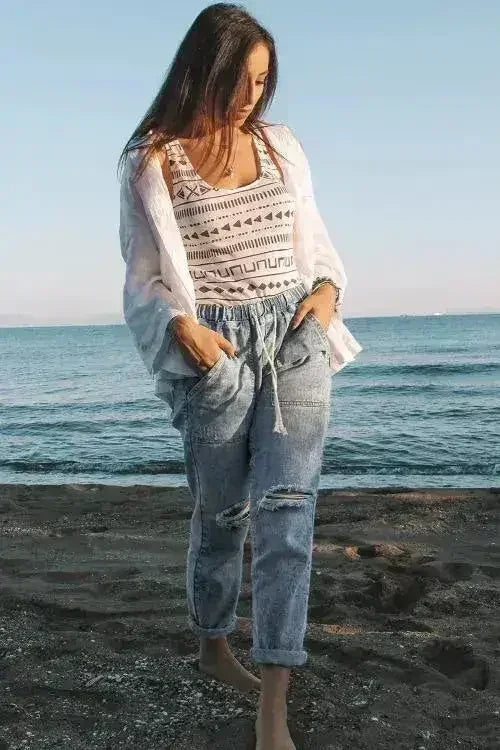 Pantalon de jogging en jean déchiré avec poches, couleur bleu ciel