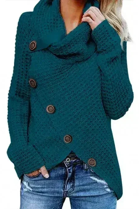 Pull cache-cœur boutonné à col roulé bleu ardoise