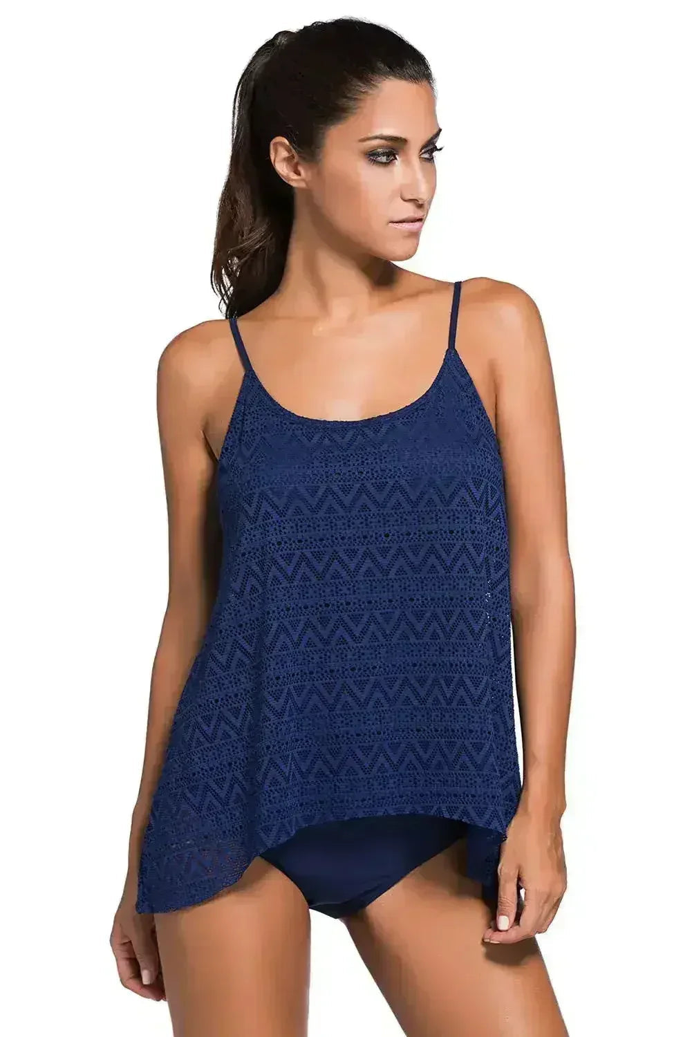 Maillot de bain tankini bleu marine à bretelles fines avec dentelle