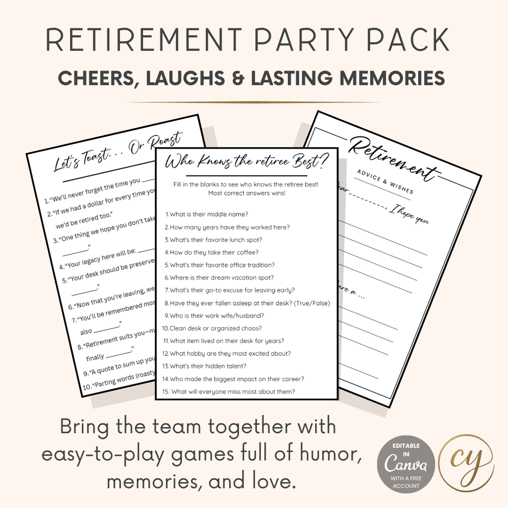Retirement Party Game Pack – Printable PDF with Fun Icebreakers, Trivia & Toasts