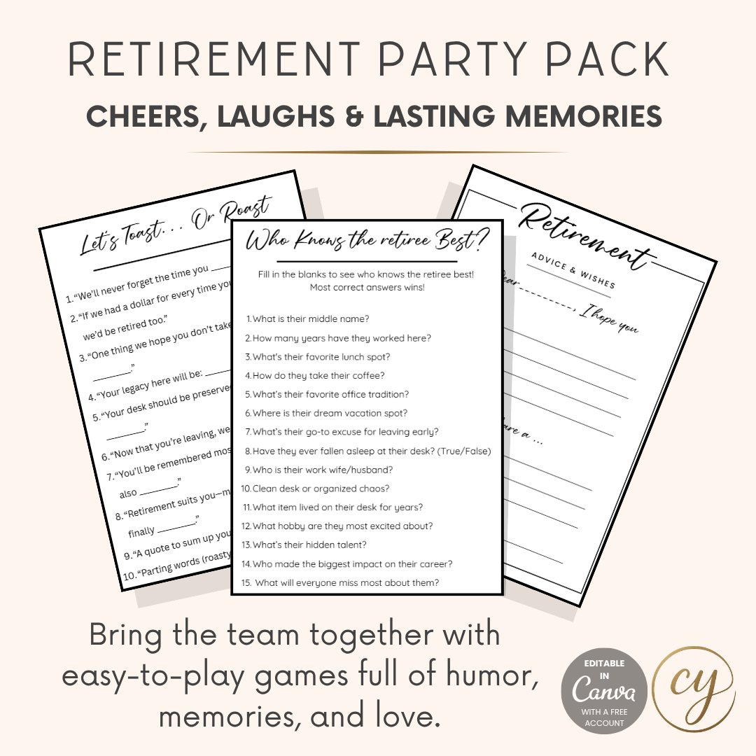 Retirement Party Game Pack – Printable PDF with Fun Icebreakers, Trivia & Toasts
