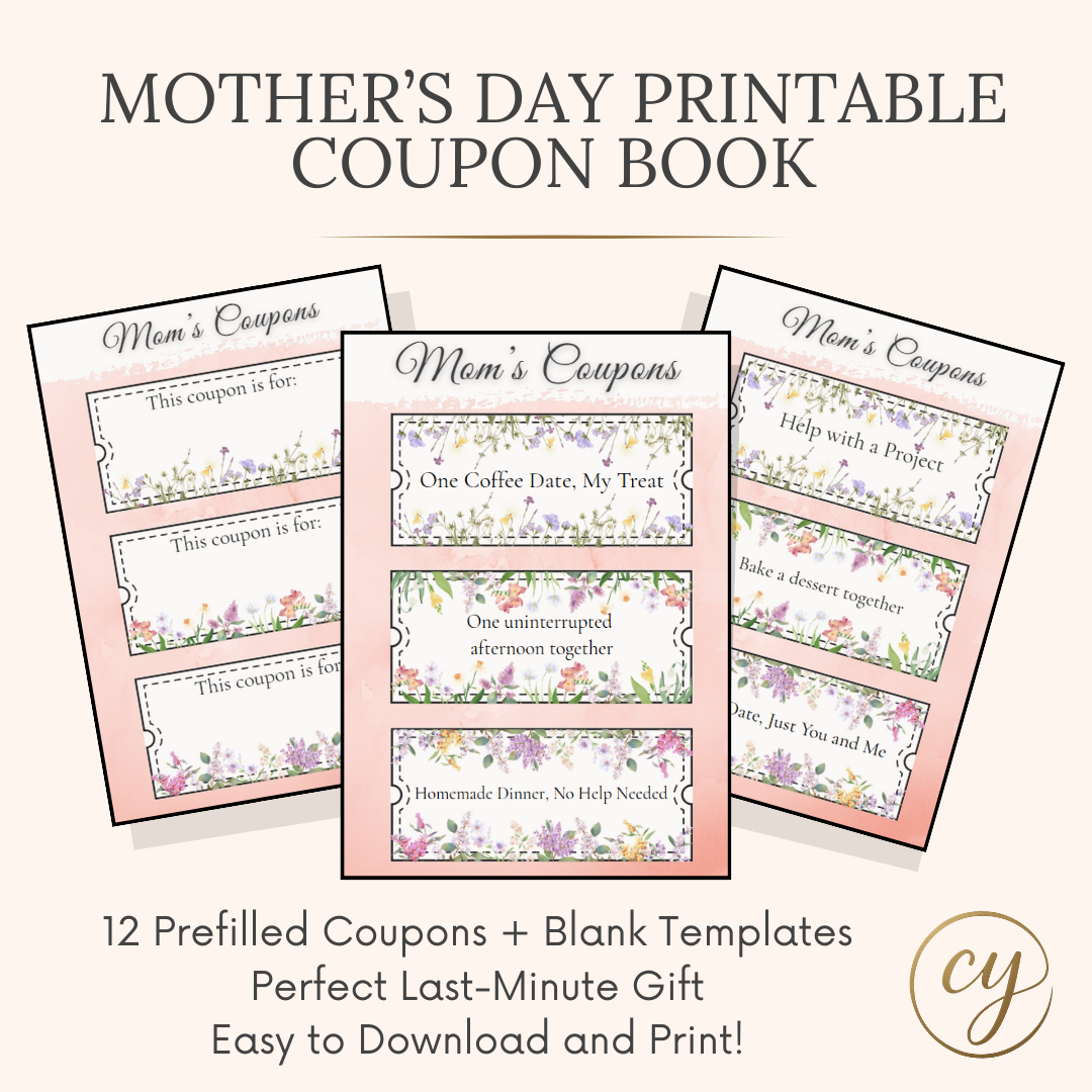 Elegant Mother’s Day Coupon Book Printable | 12 Prefilled + 6 Blank Coupons