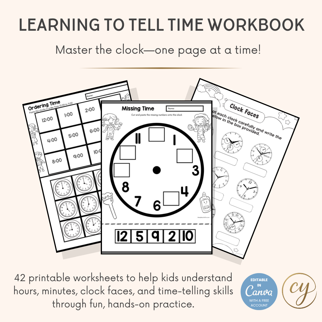 Time Learning Workbook for Kids – 42-Page Canva Template for Telling Time Practice