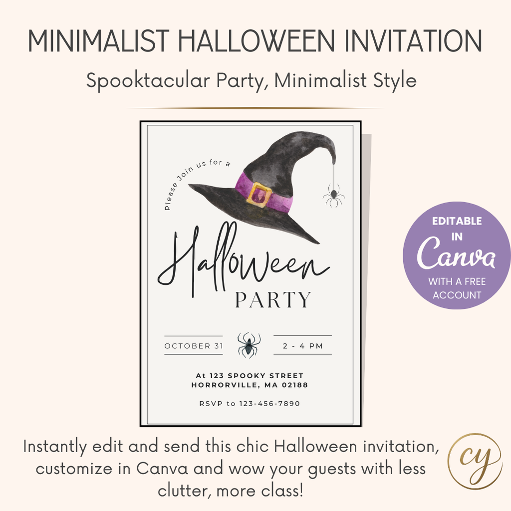Invitation minimaliste pour une fête d'Halloween – Modèle Canva modifiable (Téléchargement instantané)