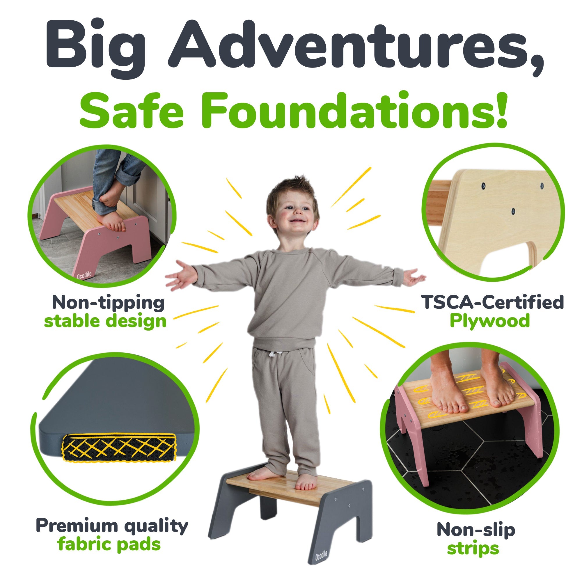 Tabouret en bois à 1 marche pour enfants (tabouret polyvalent pour la cuisine, la salle de bain et l'apprentissage de la propreté)