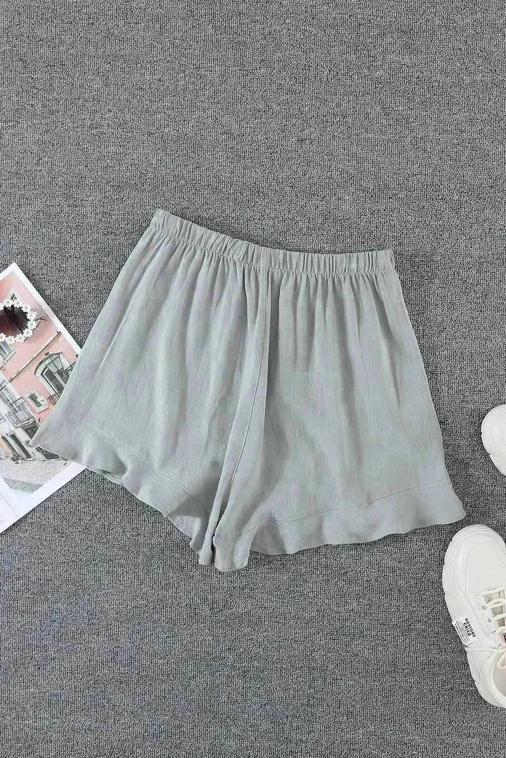 Shorts d'été en lin et coton bleu gris à poches et volants