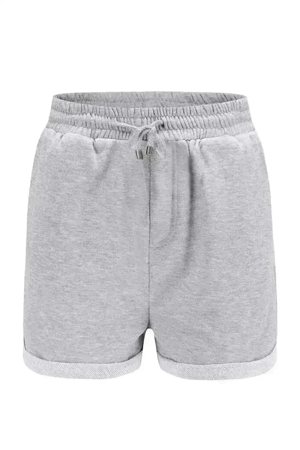 Short décontracté d'été pour femme, gris, avec cordon de serrage à la taille, poches latérales et revers.