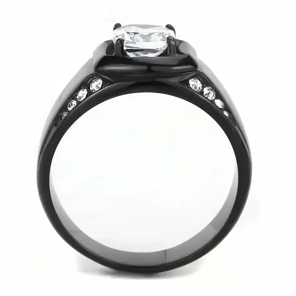 TK3467 - Bague en acier inoxydable noir (placage ionique) avec oxyde de zirconium de qualité AAA