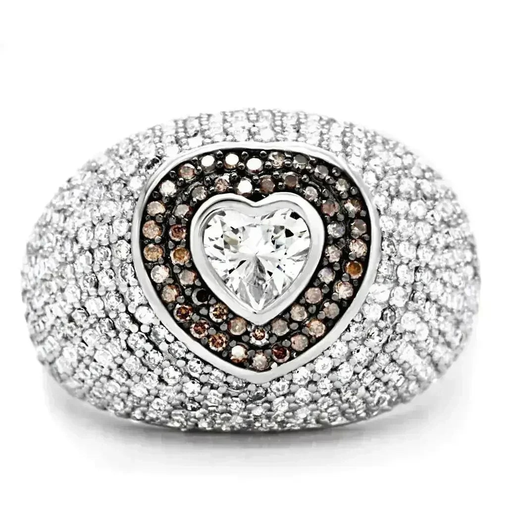 TS022 Bague en argent sterling avec rhodium et ruthénium – Pièce maîtresse en zircone cubique AAA brune
