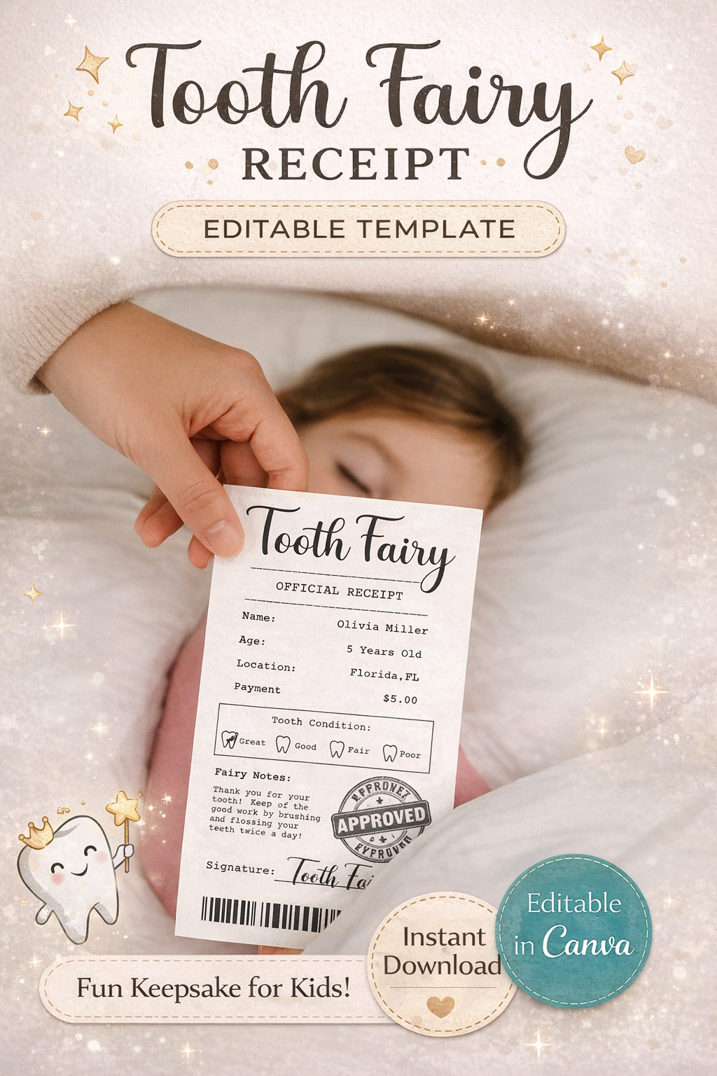 Reçu modifiable Canva de la Fée des Dents – Modèle imprimable pour enfants