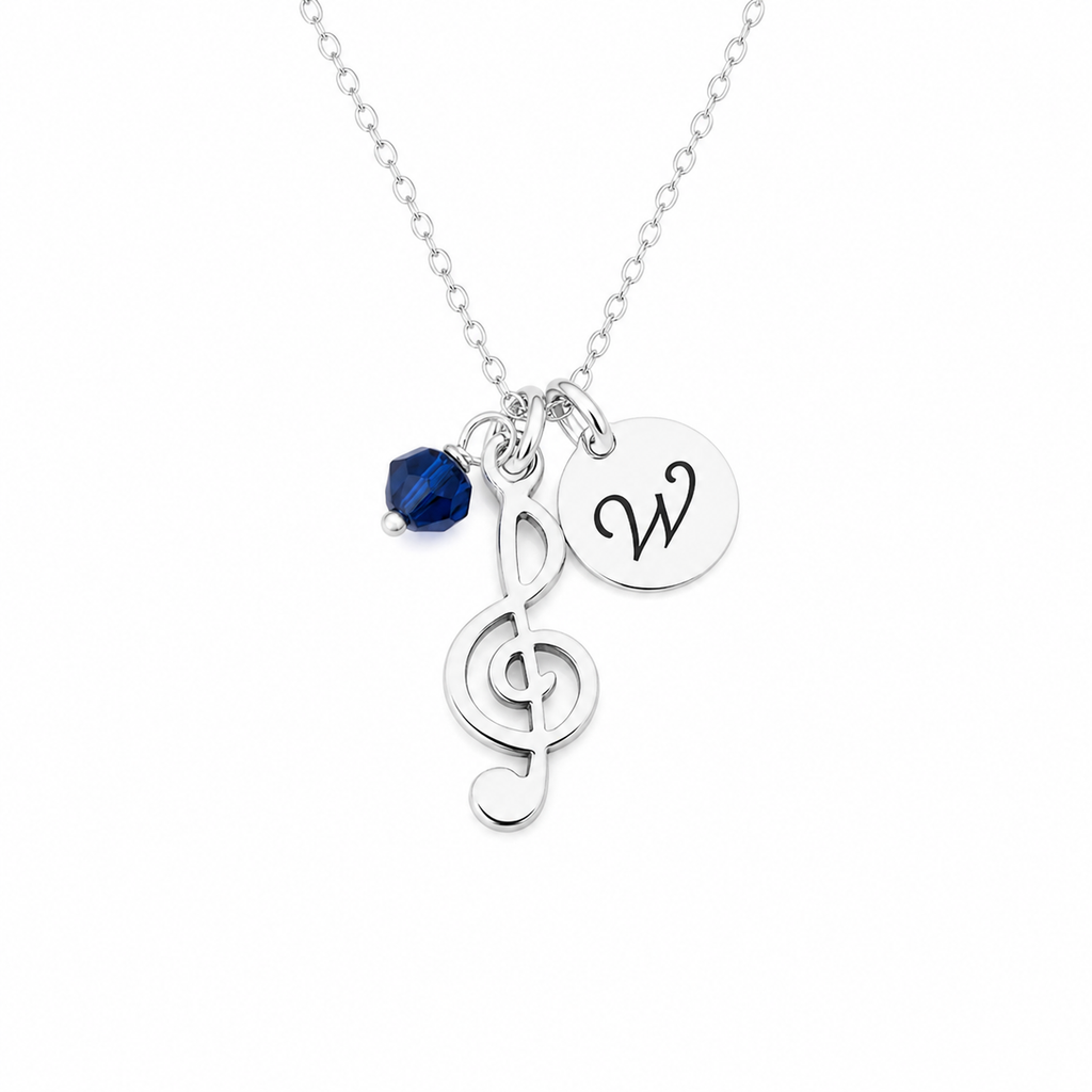 Collier clé de sol personnalisé – Chaîne en argent sterling avec pierre de naissance et initiale