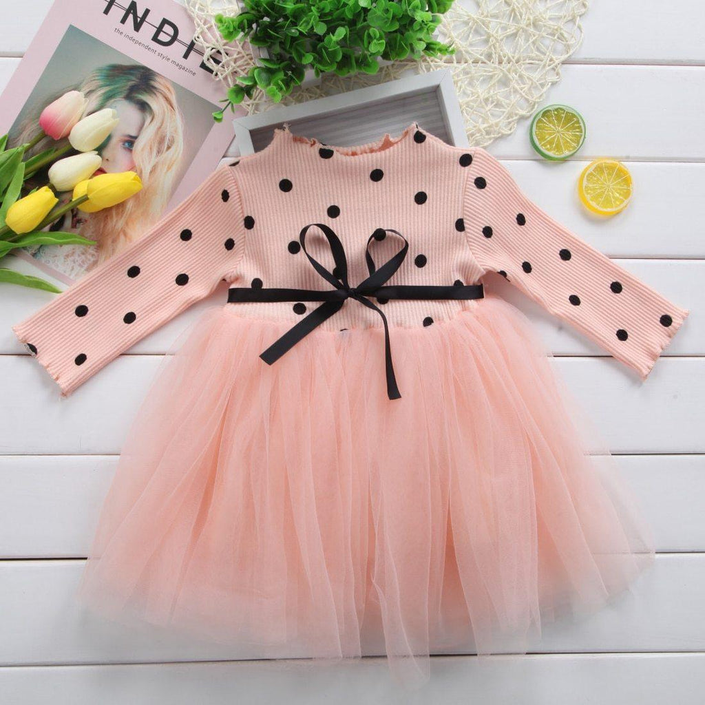 Robe de princesse à manches longues pour bébé fille, vêtements pour nouveau-né, avec nœud et pois, tutu, robe de soirée, vêtements pour bébé fille, style élégant