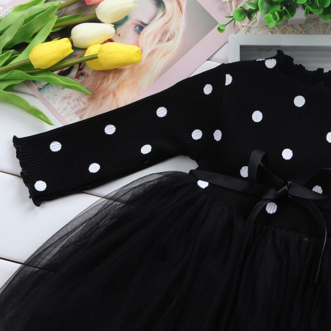 Robe de princesse à manches longues pour bébé fille, vêtements pour nouveau-né, avec nœud et pois, tutu, robe de soirée, vêtements pour bébé fille, style élégant