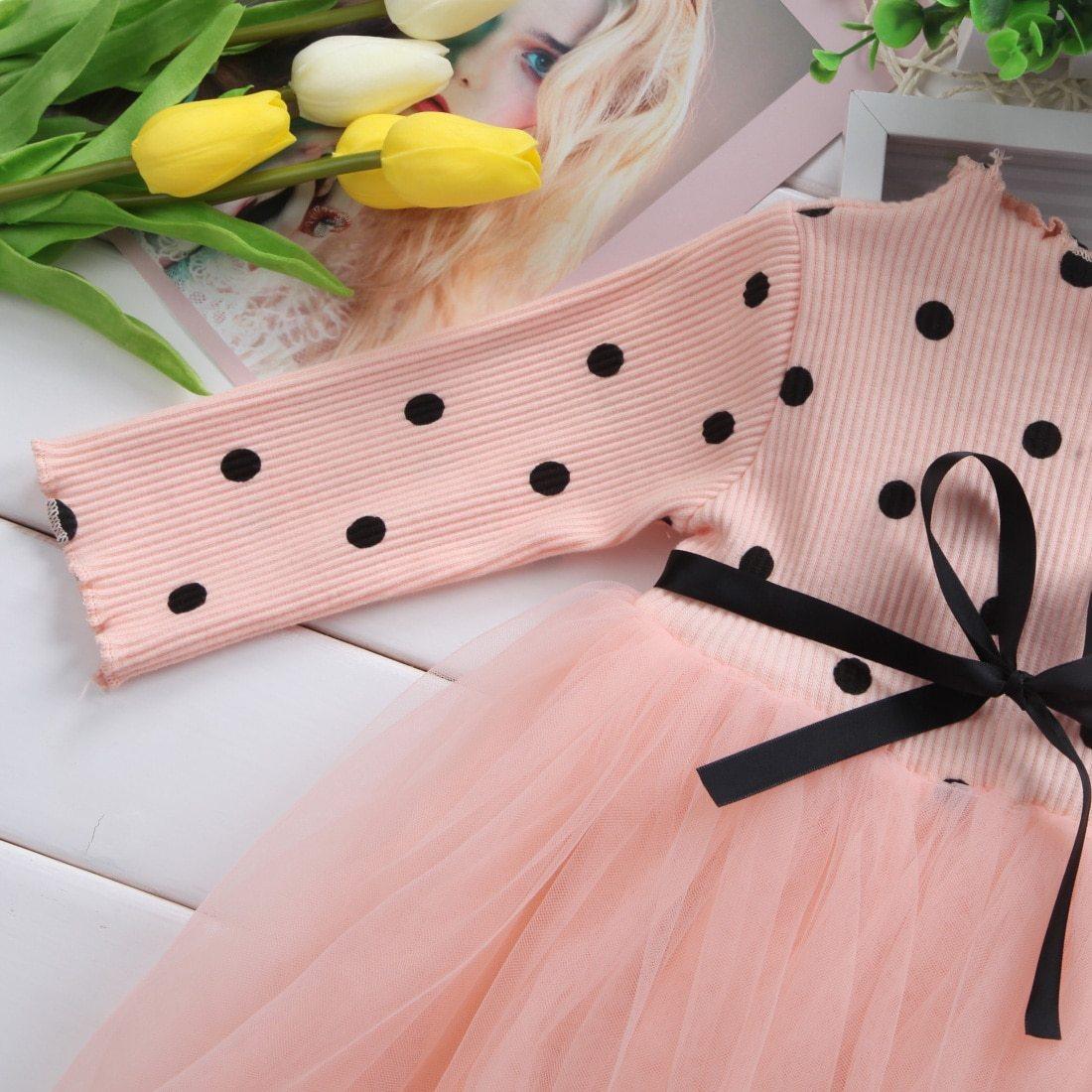 Robe de princesse à manches longues pour bébé fille, vêtements pour nouveau-né, avec nœud et pois, tutu, robe de soirée, vêtements pour bébé fille, style élégant