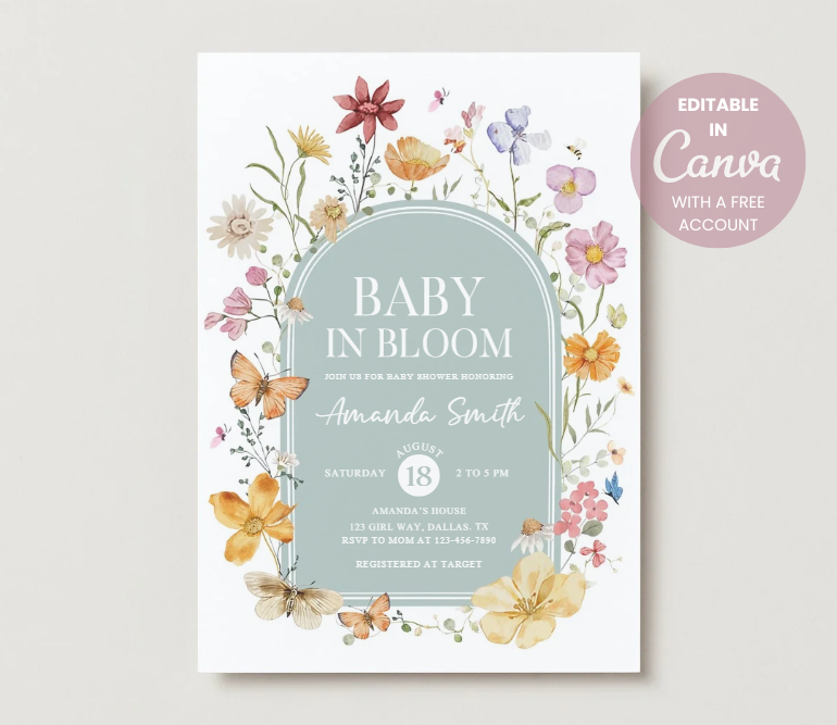 Baby in Bloom Baby Shower Invitation – Editable Canva Template (Floral Design)