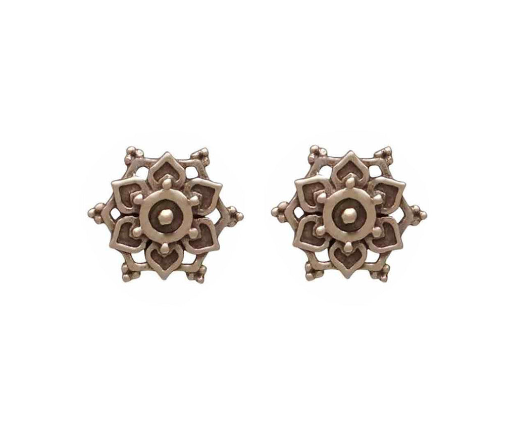 Bronze Lotus Mandala Stud Earrings – Petite 10x10mm, Sterling Silver Posts, Handmade