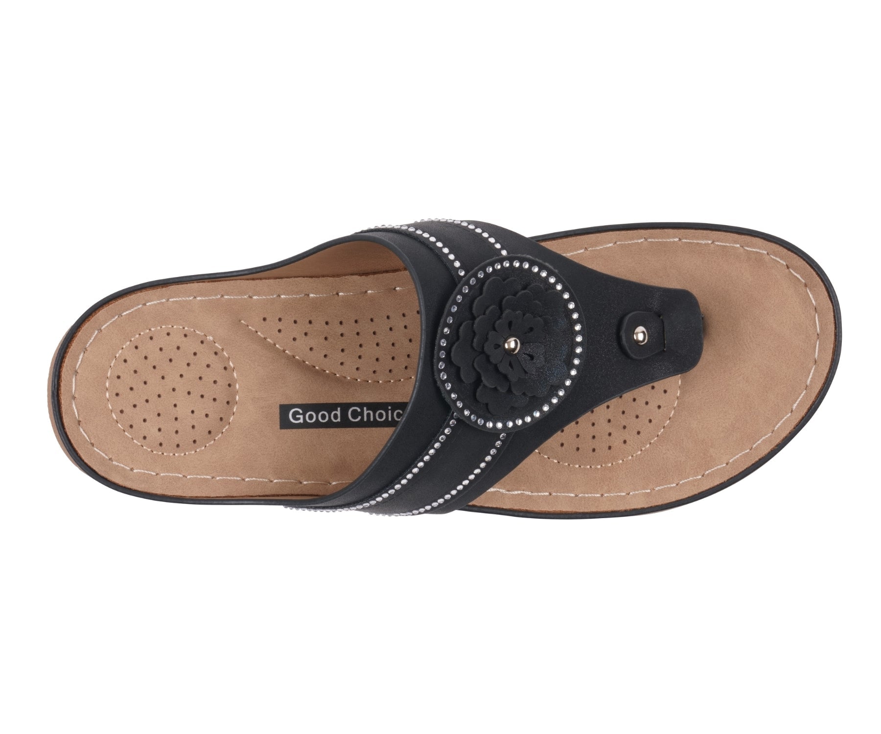 Women's Vickie Black Flower Thong Flat Comfort Sandals