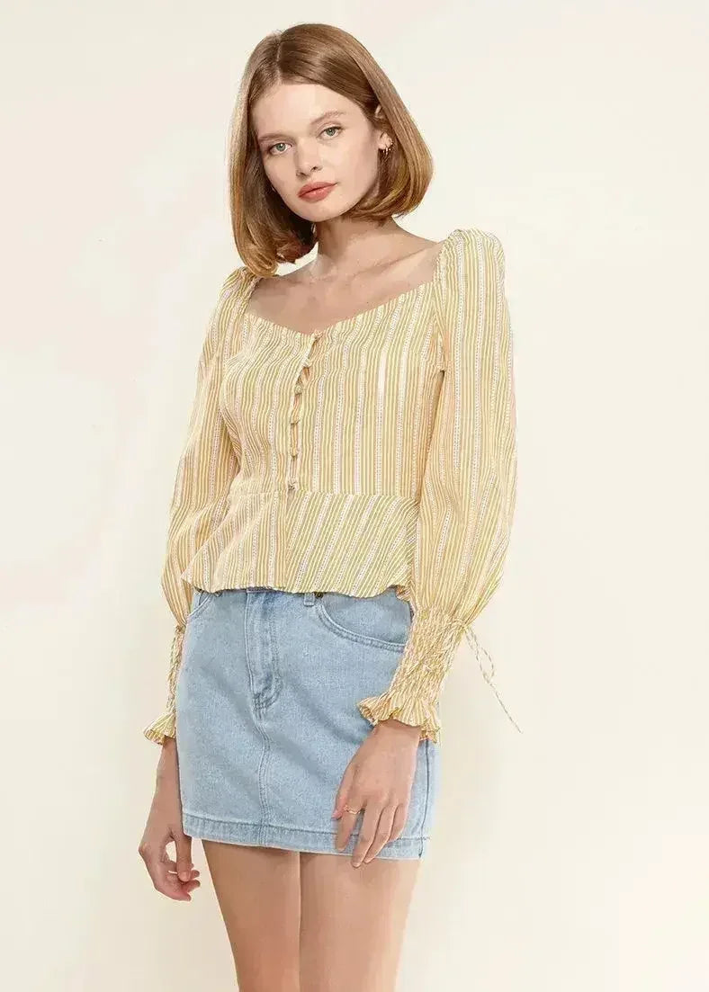 Blouse Péplum Boutonnée Devant avec Manches Smockées Jaune | Femstylo