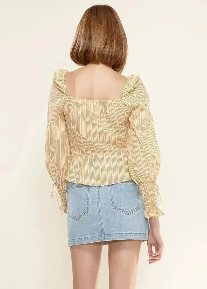 Blouse Péplum Boutonnée Devant avec Manches Smockées Jaune | Femstylo