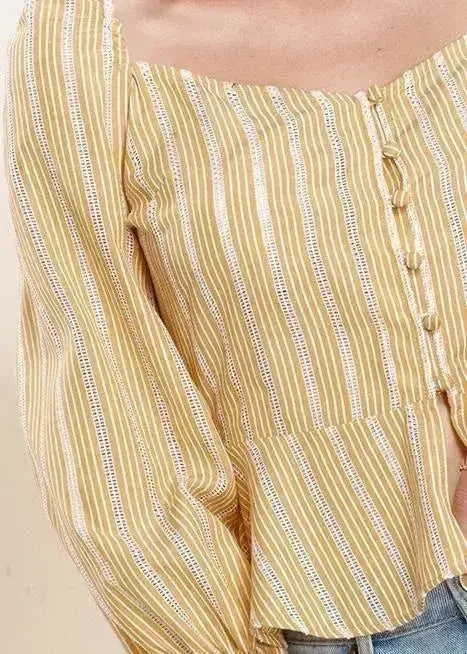 Blouse Péplum Boutonnée Devant avec Manches Smockées Jaune | Femstylo