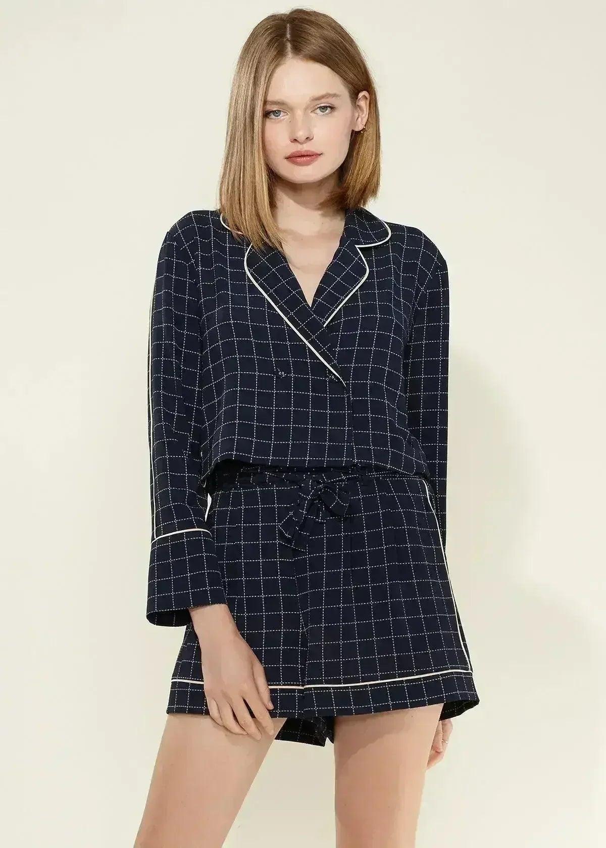 Chemisier de pyjama à carreaux marine pour femme