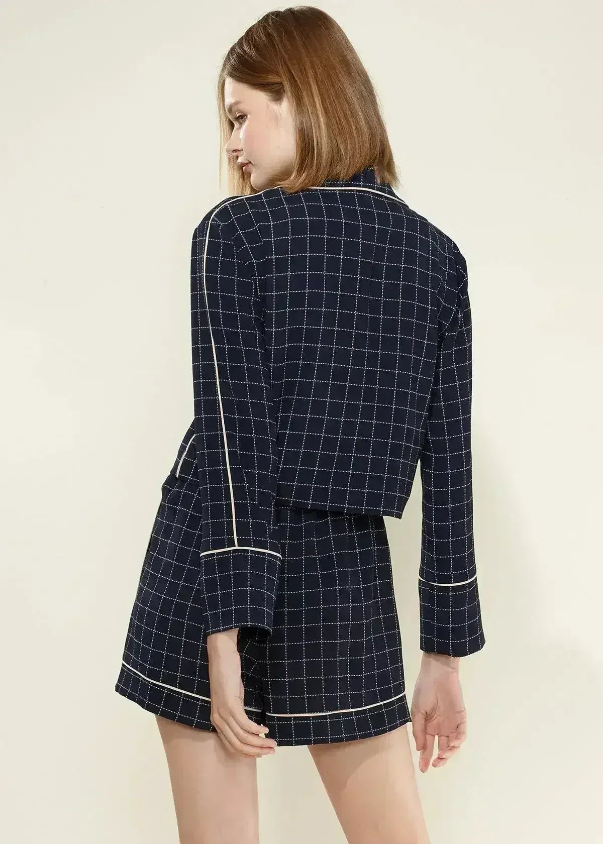 Chemisier de pyjama à carreaux marine pour femme
