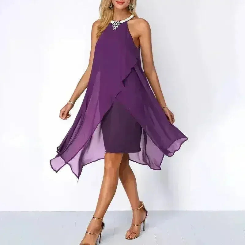 Robe de cocktail noire d'été, col rond, mode mousseline sans manches