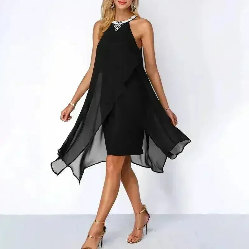 Robe de cocktail noire d'été, col rond, mode mousseline sans manches