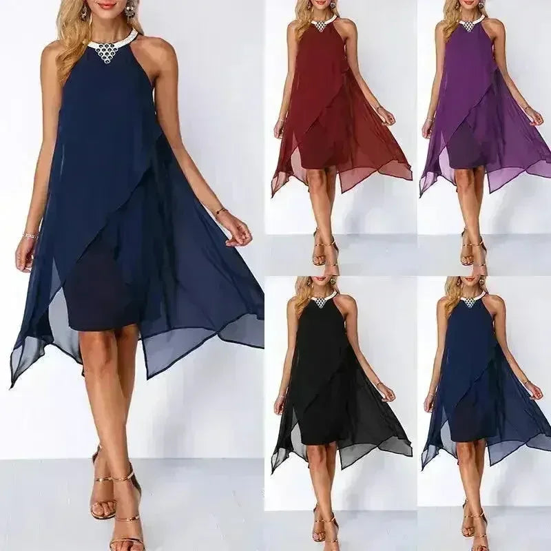Robe de cocktail noire d'été, col rond, mode mousseline sans manches