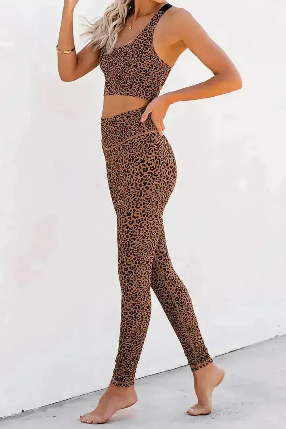 Ensemble Soutien-Gorge et Pantalon de Sport Imprimé Guépard Marron pour Femme