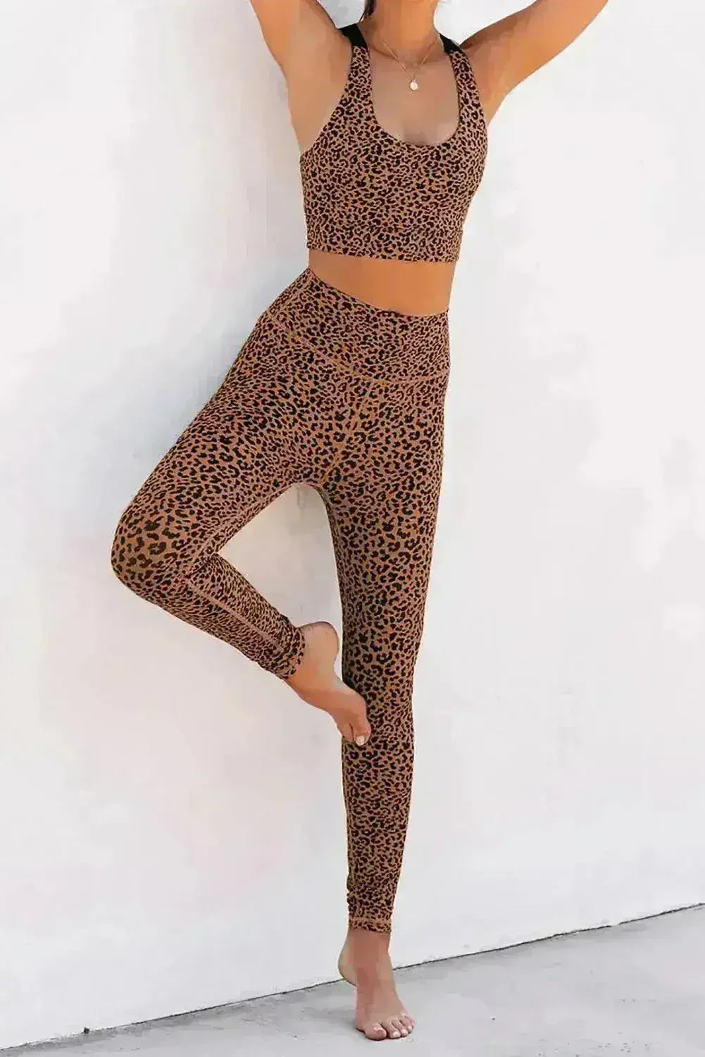 Ensemble Soutien-Gorge et Pantalon de Sport Imprimé Guépard Marron pour Femme
