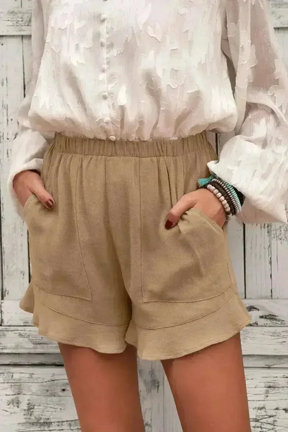 Shorts fluides kaki – Poches décontractées pour femmes | Mélange polyester-élasthanne