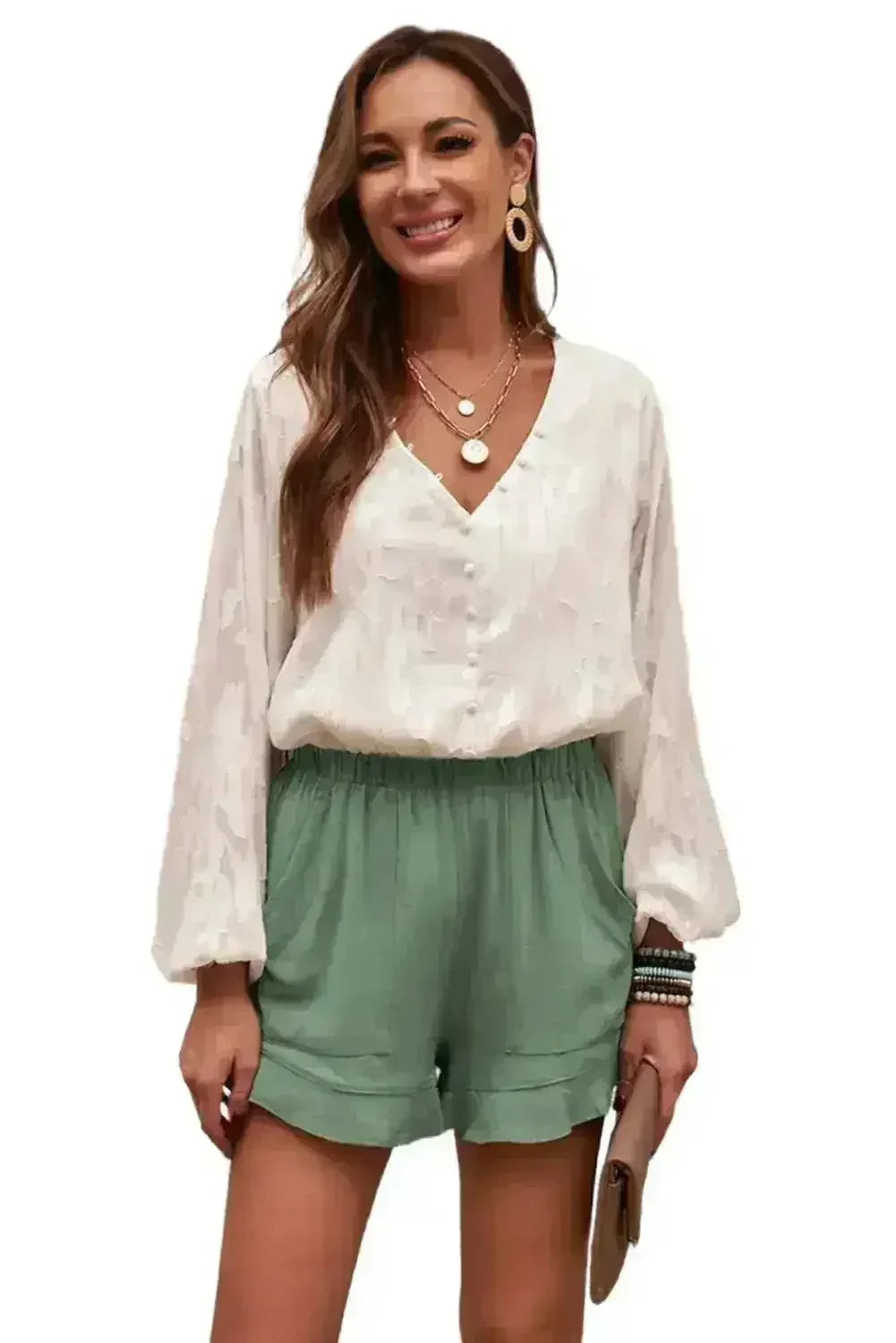 Shorts verts en lin et coton à volants pour femme avec poches