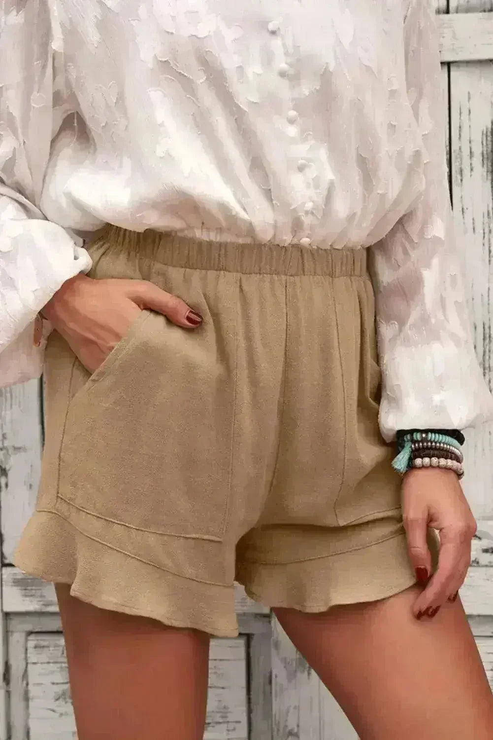 Shorts fluides kaki – Poches décontractées pour femmes | Mélange polyester-élasthanne