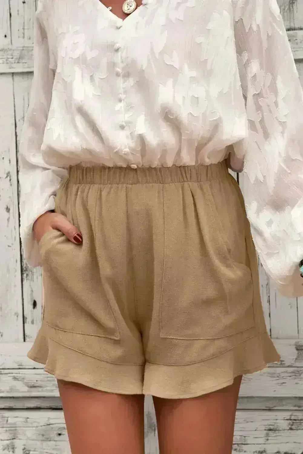 Shorts fluides kaki – Poches décontractées pour femmes | Mélange polyester-élasthanne
