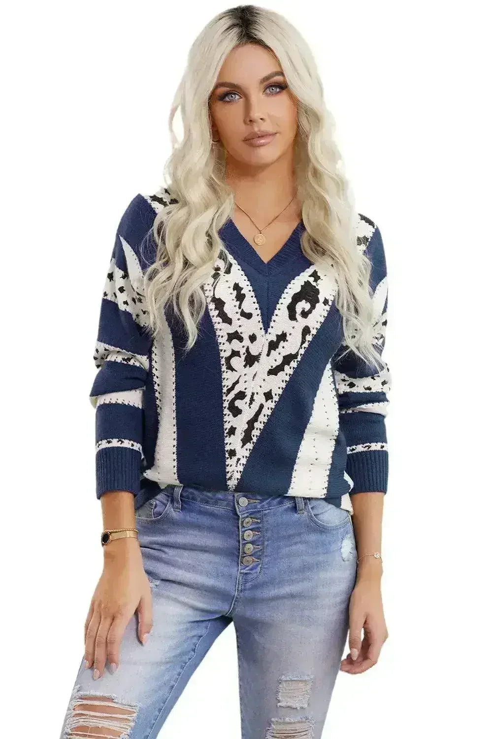 Pull imprimé animal bleu - Haut en maille à col en V avec accent léopard | Femstylo