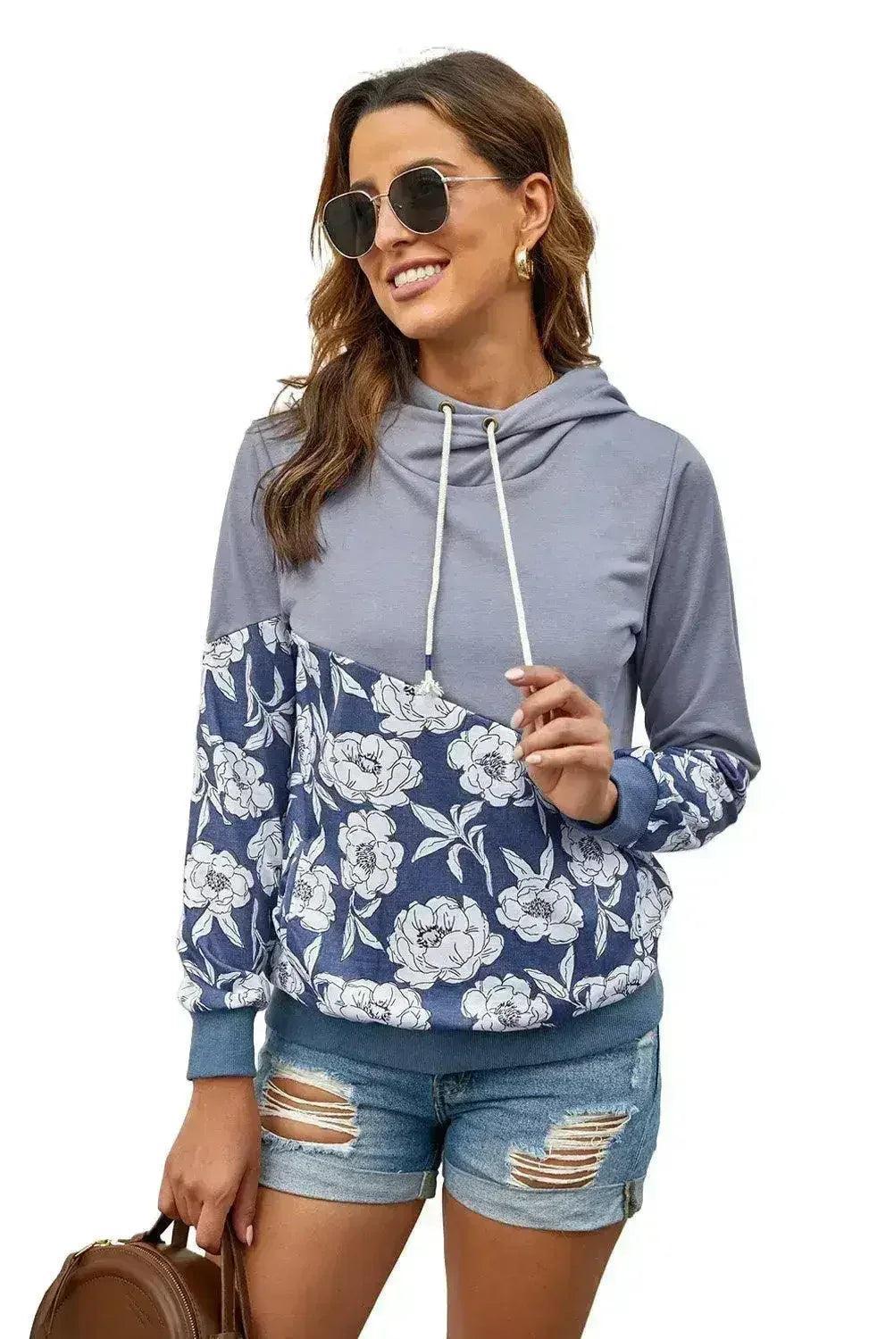 Sweat à capuche col bénitier à motifs floraux gris pour femme