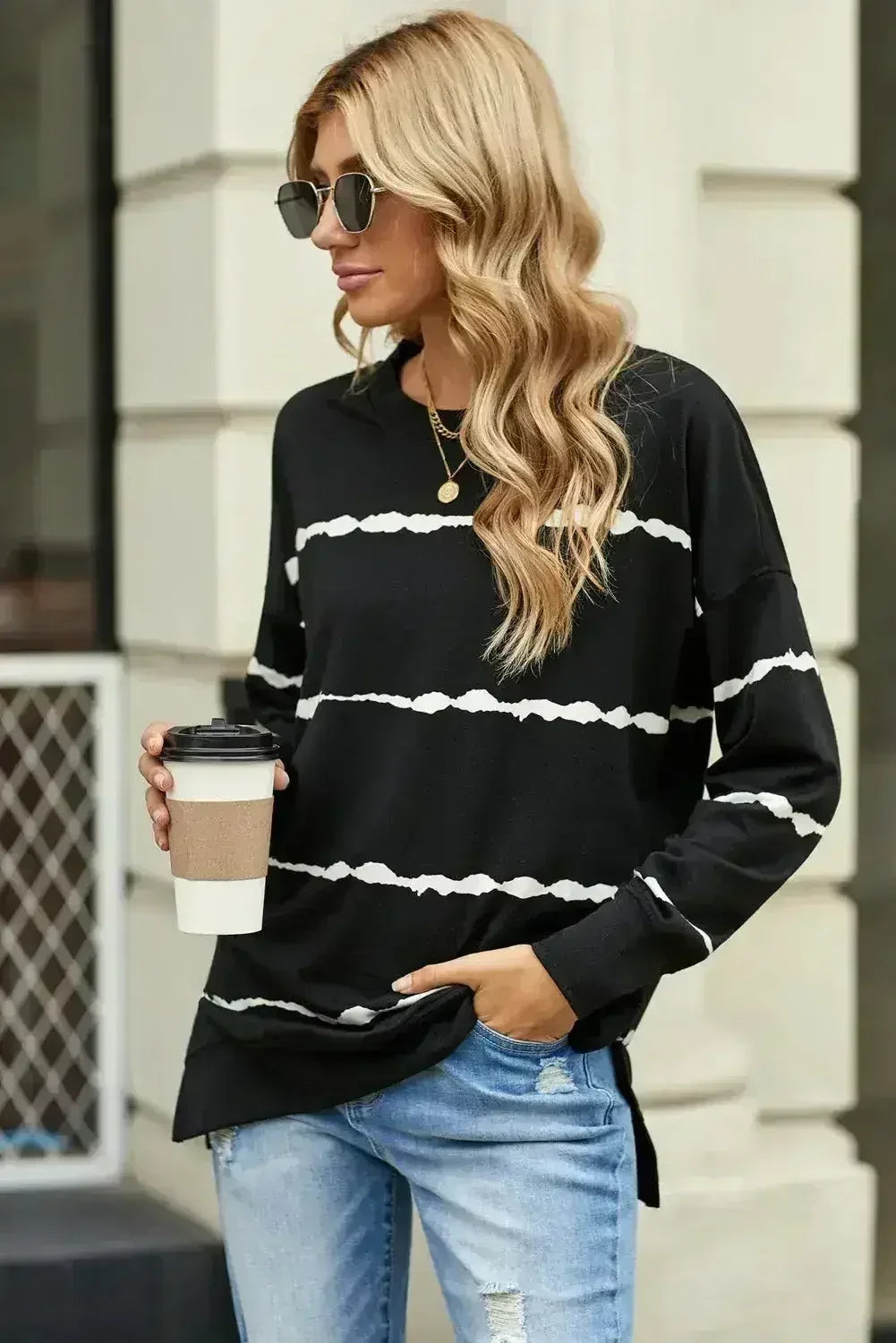 Sweat-shirt noir rayé tie-dye pour femme