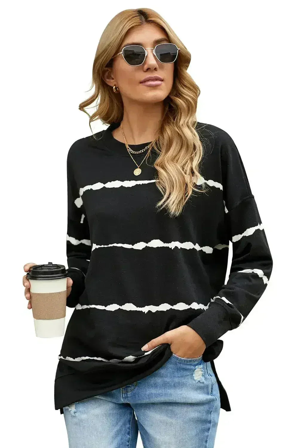 Sweat-shirt noir rayé tie-dye pour femme