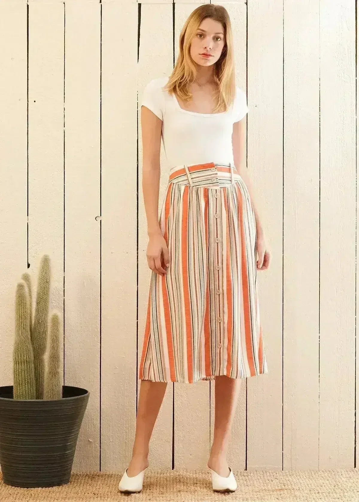 Jupe midi boutonnée à rayures multiples pour femme, coloris rouille multicolore