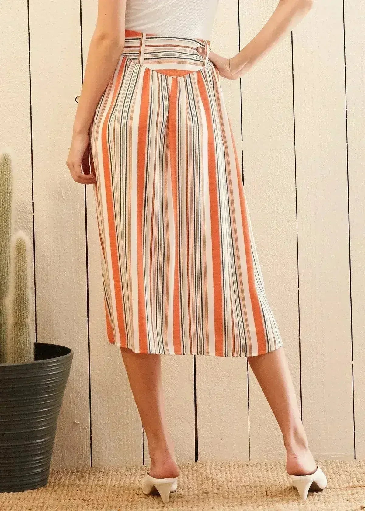 Jupe midi boutonnée à rayures multiples pour femme, coloris rouille multicolore