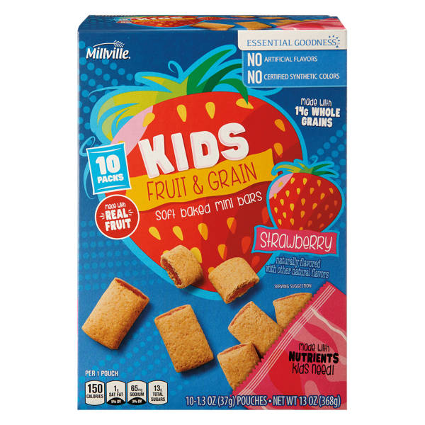 Barres mini fraise aux fruits et aux céréales Millville Kids, 10 unités