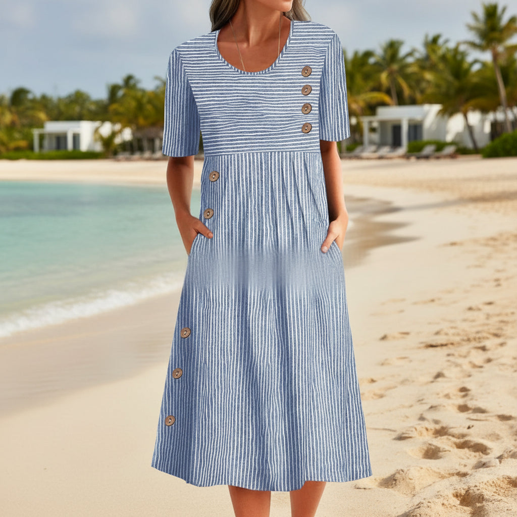 Robe longue trapèze boutonnée à manches courtes et poches