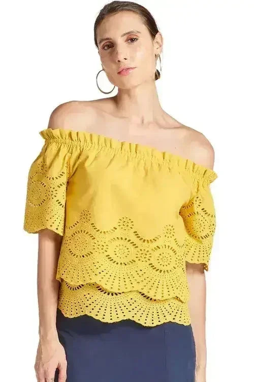 Haut marguerite souci - Haut en broderie anglaise de coton à double couche et épaules dénudées
