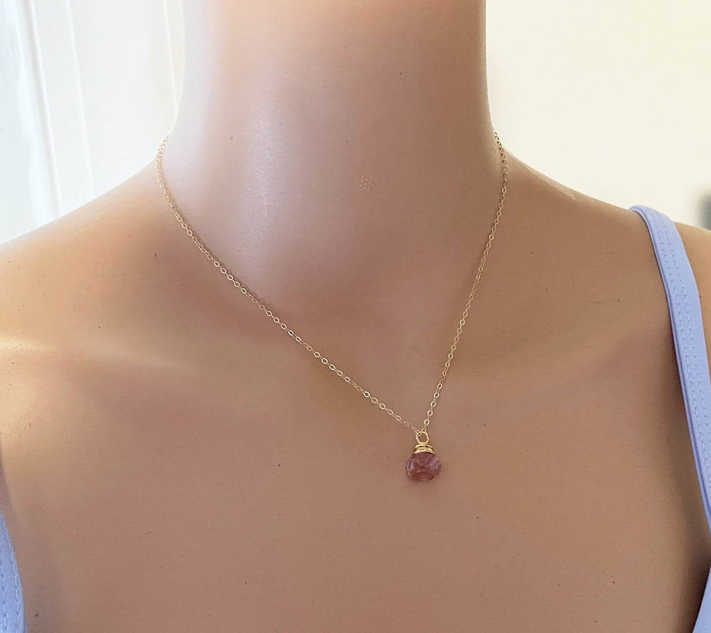 Strawberry Quartz Briolette 14k Gold Filled Necklace