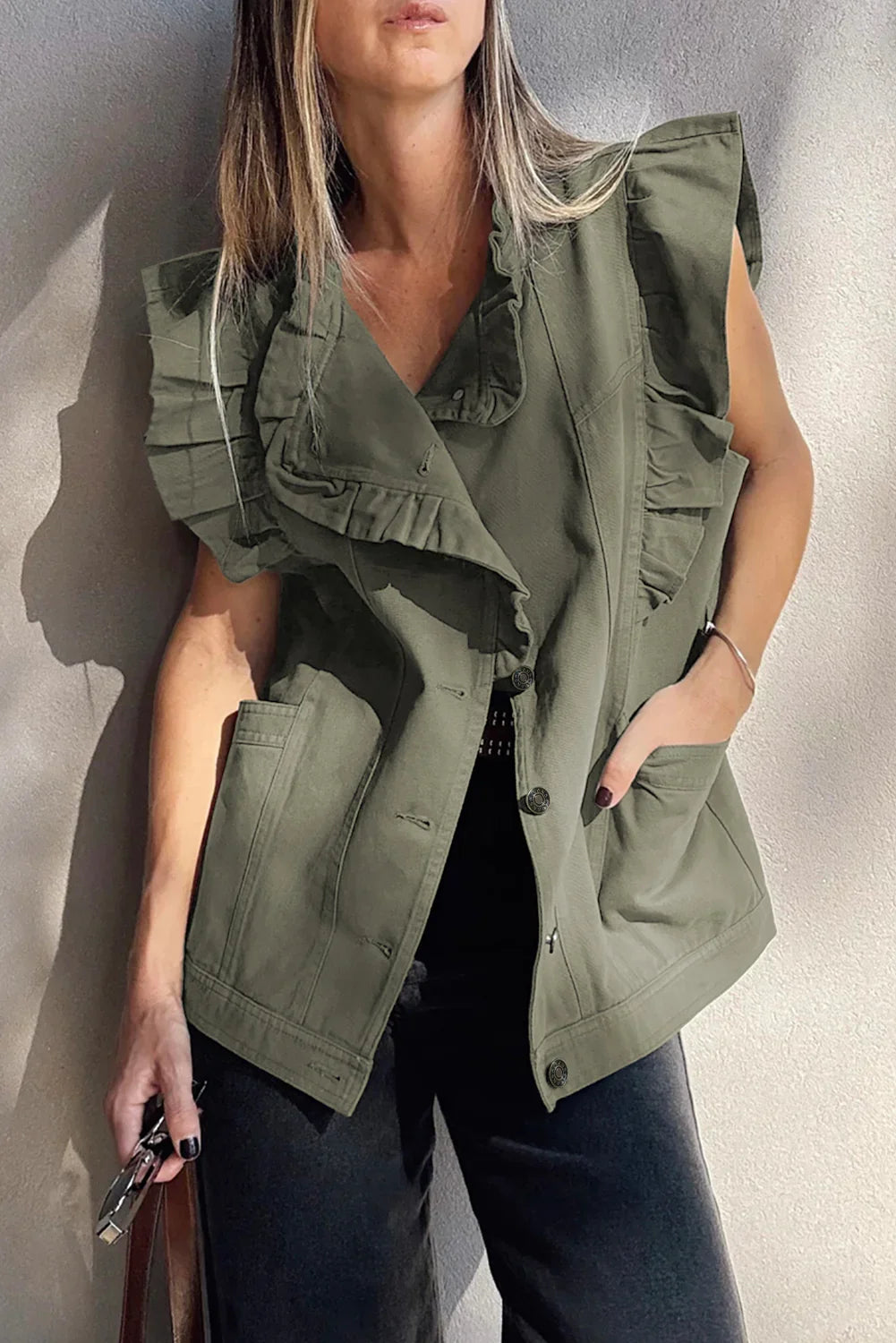 Gilet veste en jean uni Green Bay Ruffle
