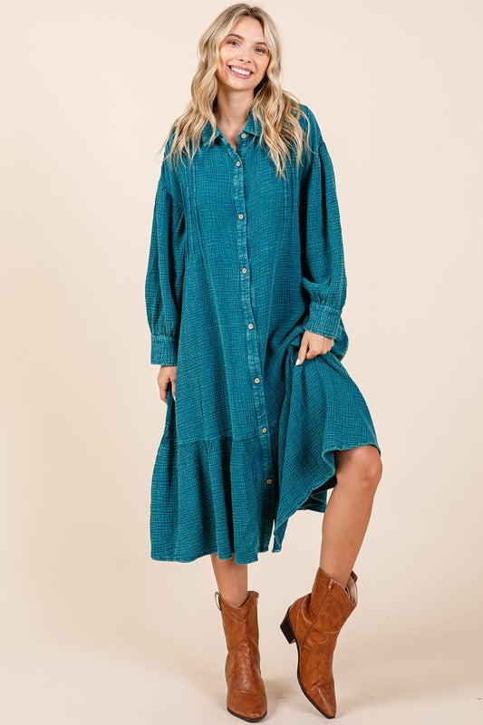 Nouvelle robe chemise longue à volants en gaze de coton délavée pour femme – Un design tendance, chic, décontracté et féminin pour toute occasion