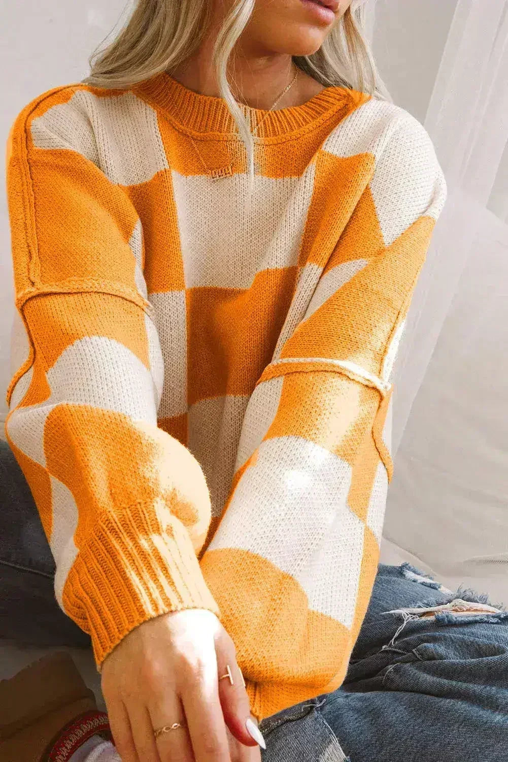 Pull orange à carreaux avec manches évêque - Femstylo