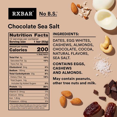 Barres protéinées Rxbar, collation protéinée, barres collation, chocolat et sel marin, boîte de 624g (12 barres)